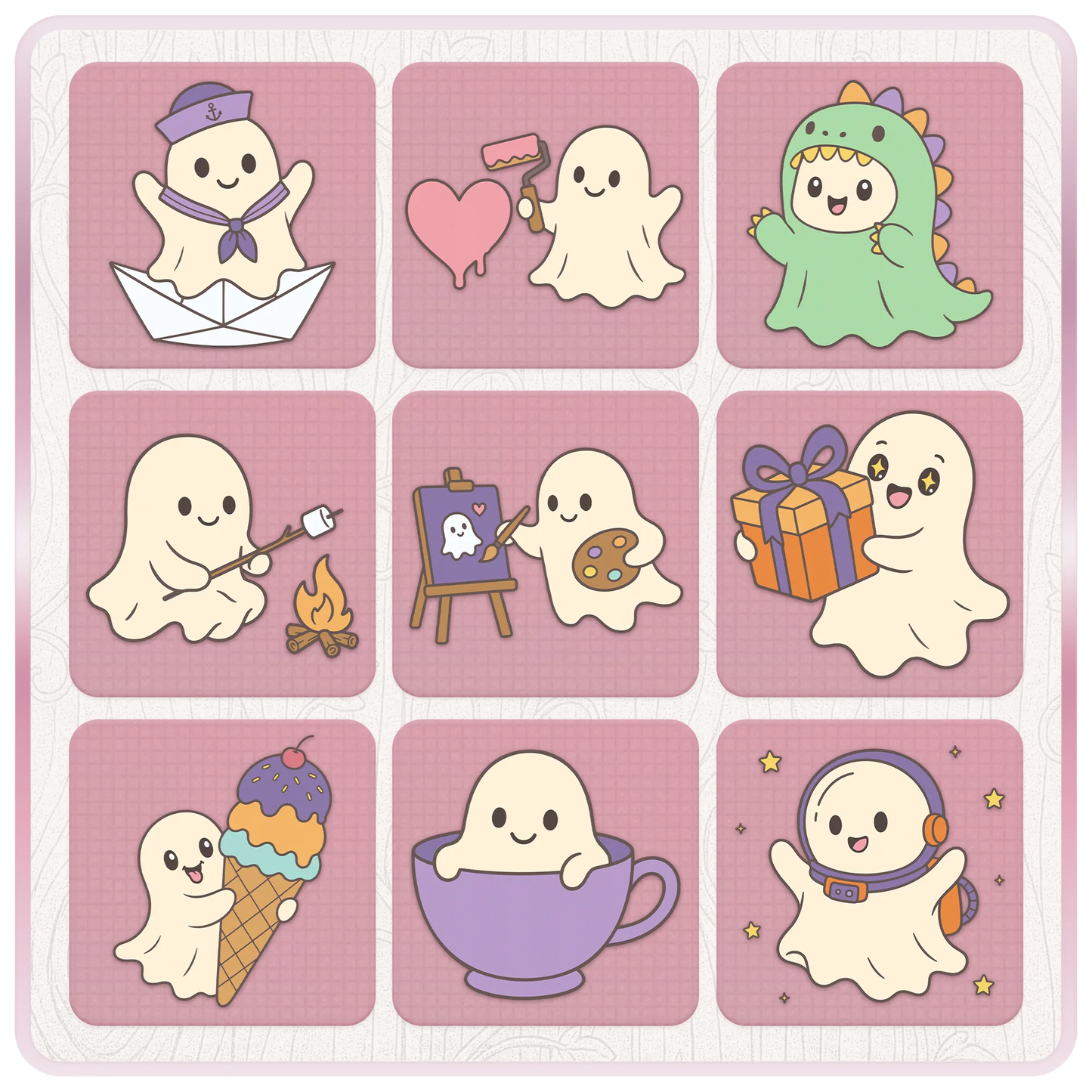Preview sheet of playful little ghost SVG and PNG files including sailor ghost, painting ghost, dinosaur ghost, campfire ghost, artist ghost, gift ghost, ice cream ghost, teacup ghost, and astronaut ghost.