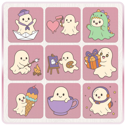 Preview sheet of playful little ghost SVG and PNG files including sailor ghost, painting ghost, dinosaur ghost, campfire ghost, artist ghost, gift ghost, ice cream ghost, teacup ghost, and astronaut ghost.
