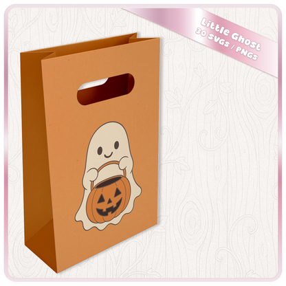 Halloween ghost SVG and PNG mockup on orange treat bag, featuring cute ghost holding jack-o-lantern pumpkin bucket for trick-or-treat crafts.