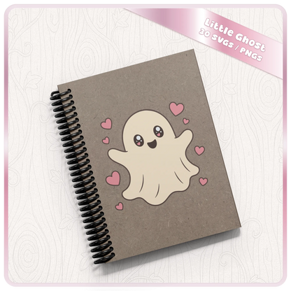 Cute ghost with hearts PNG and SVG design displayed on a grey spiral notebook mockup for Halloween stationery, stickers, and printable craft ideas.