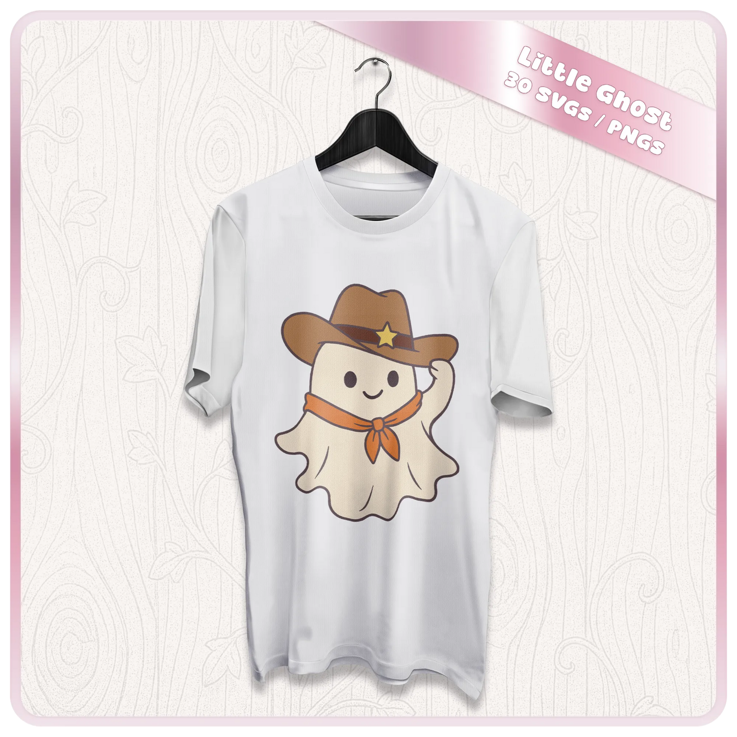 Cowboy little ghost SVG and PNG design displayed on a white t-shirt mockup for Halloween shirts, Cricut apparel, and sublimation projects.
