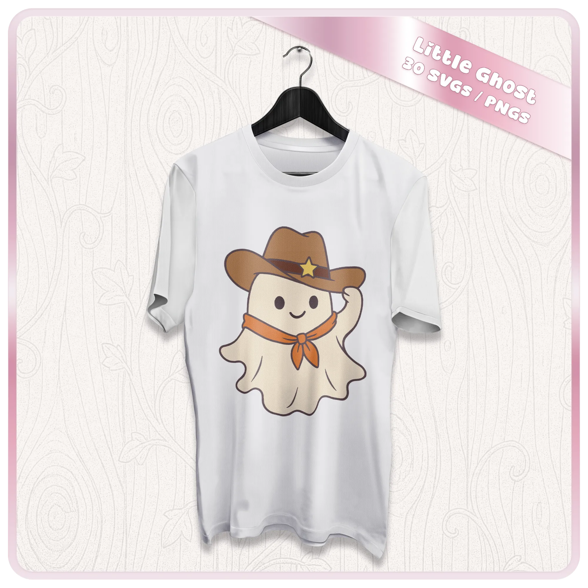 Cowboy little ghost SVG and PNG design displayed on a white t-shirt mockup for Halloween shirts, Cricut apparel, and sublimation projects.