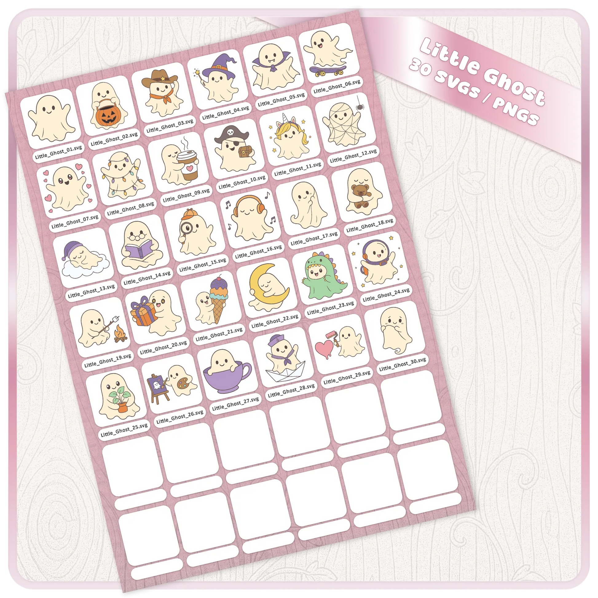 Full Little Ghost SVG and PNG bundle preview sheet showing 30 cute Halloween ghost clipart files with individual file names for digital craft downloads.