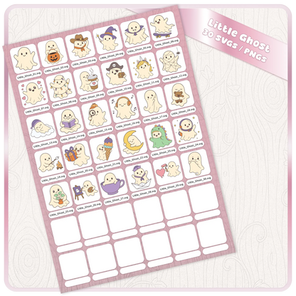 Full Little Ghost SVG and PNG bundle preview sheet showing 30 cute Halloween ghost clipart files with individual file names for digital craft downloads.