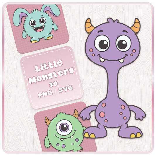 Little Monsters SVG and PNG clipart bundle cover featuring cute purple, green and teal cartoon monsters for Cricut, sublimation and kids craft projects.