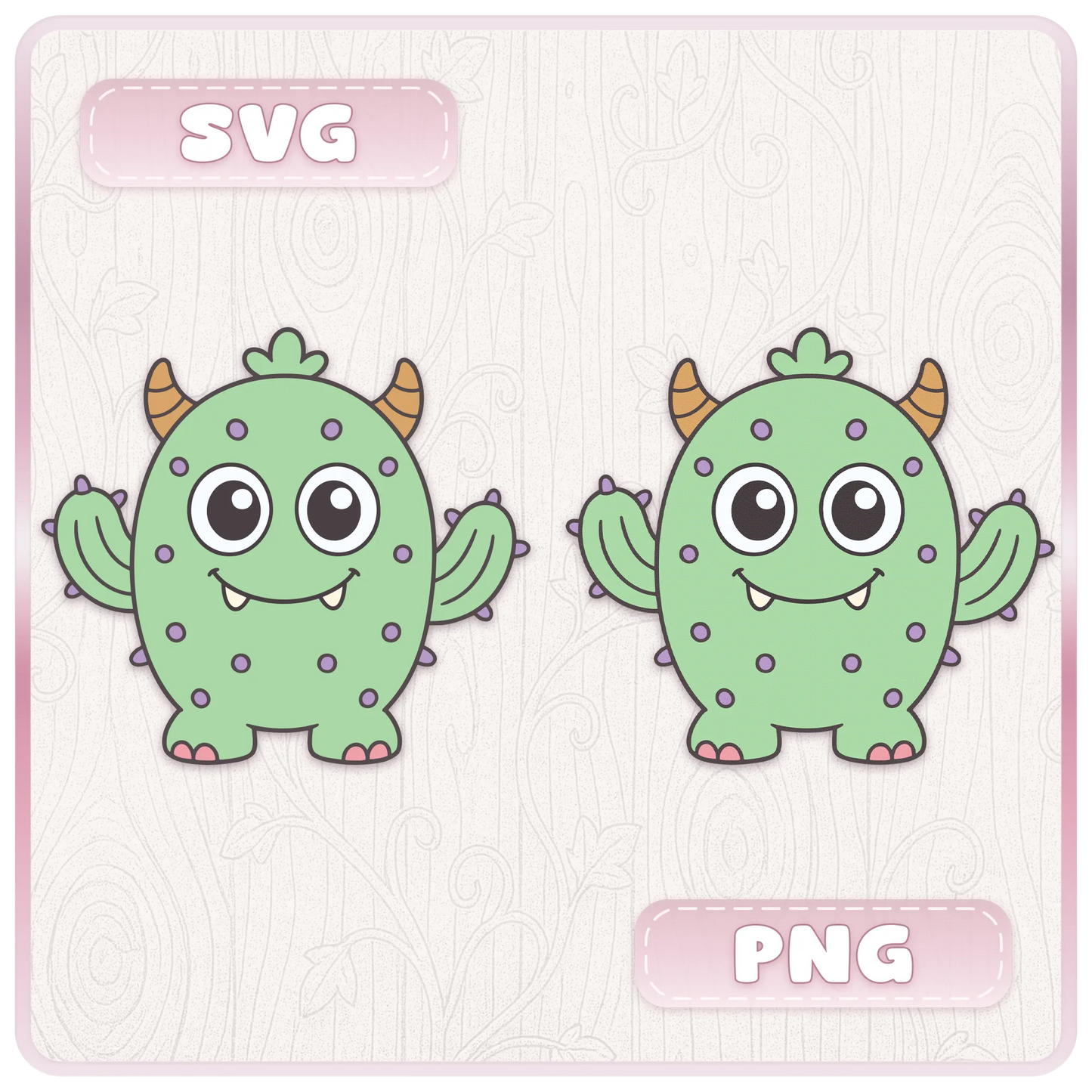 Preview of Little Monsters SVG and PNG digital download showing a cute green cactus-style monster in vector and transparent PNG formats.