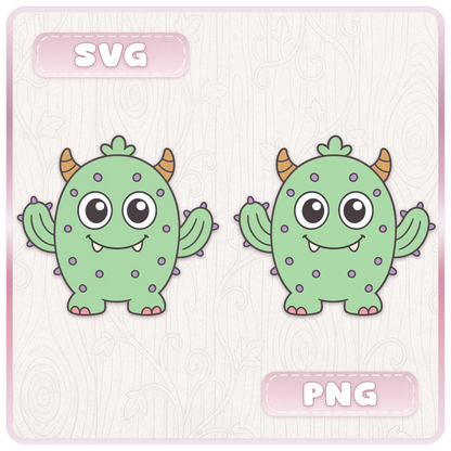 Preview of Little Monsters SVG and PNG digital download showing a cute green cactus-style monster in vector and transparent PNG formats.