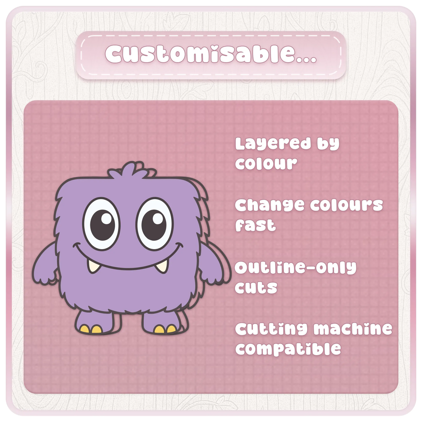 Customisable Little Monsters SVG preview with layered colour monster clipart, editable colours, outline-only cuts and cutting machine compatible files.