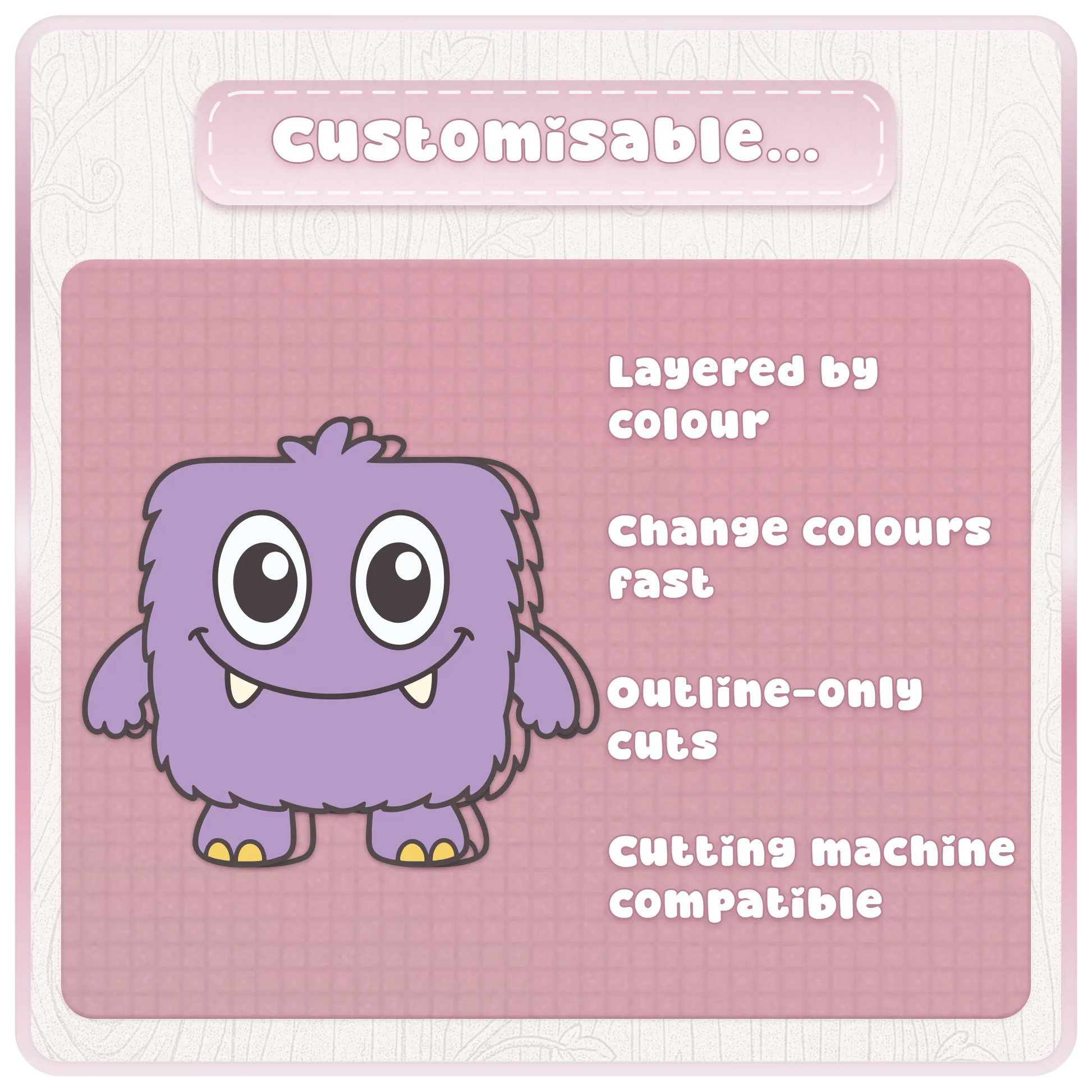 Customisable Little Monsters SVG preview with layered colour monster clipart, editable colours, outline-only cuts and cutting machine compatible files.