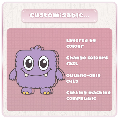 Customisable Little Monsters SVG preview with layered colour monster clipart, editable colours, outline-only cuts and cutting machine compatible files.
