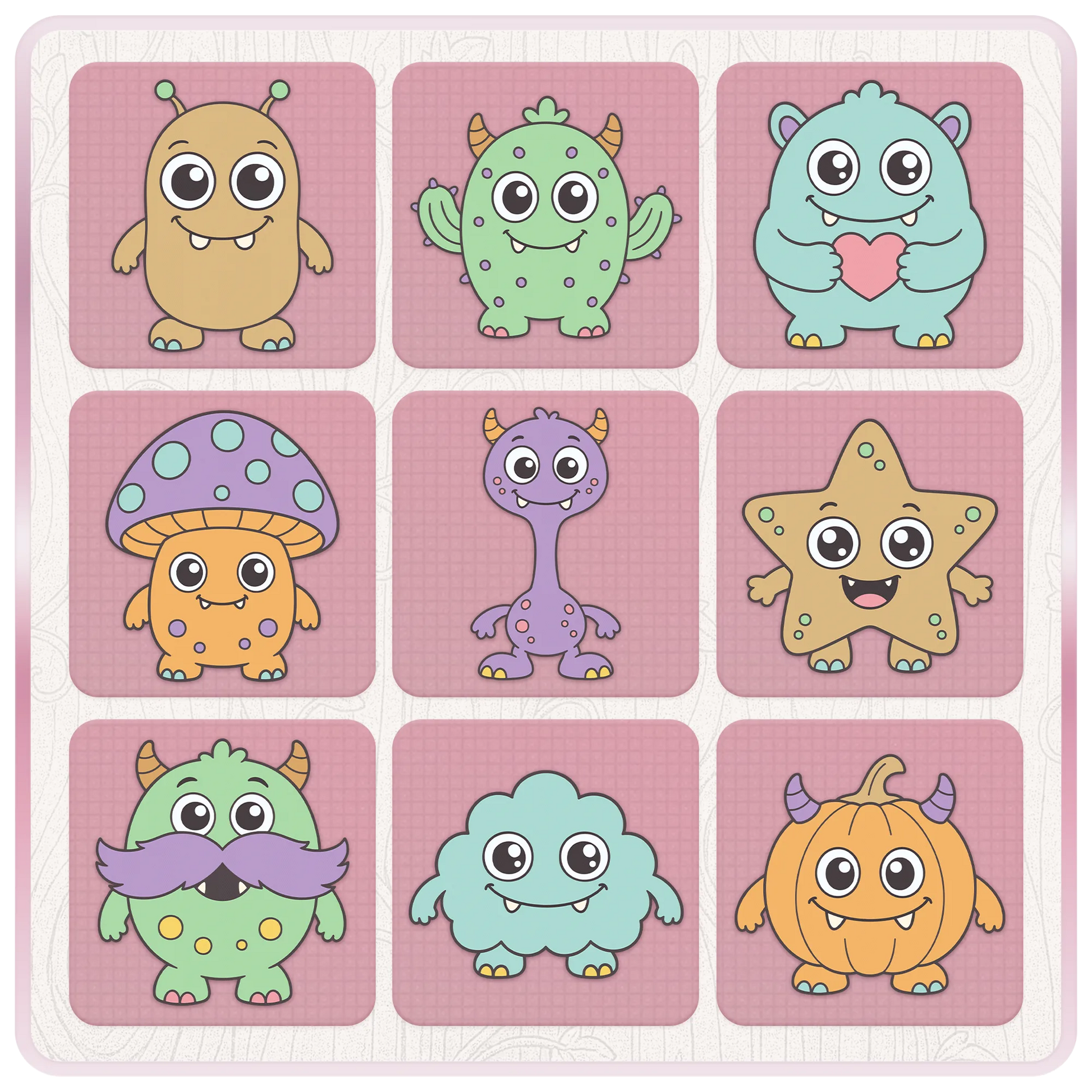 Little Monsters clipart bundle preview with nine playful monster SVG and PNG designs including mushroom, star, pumpkin, cloud and heart monsters.