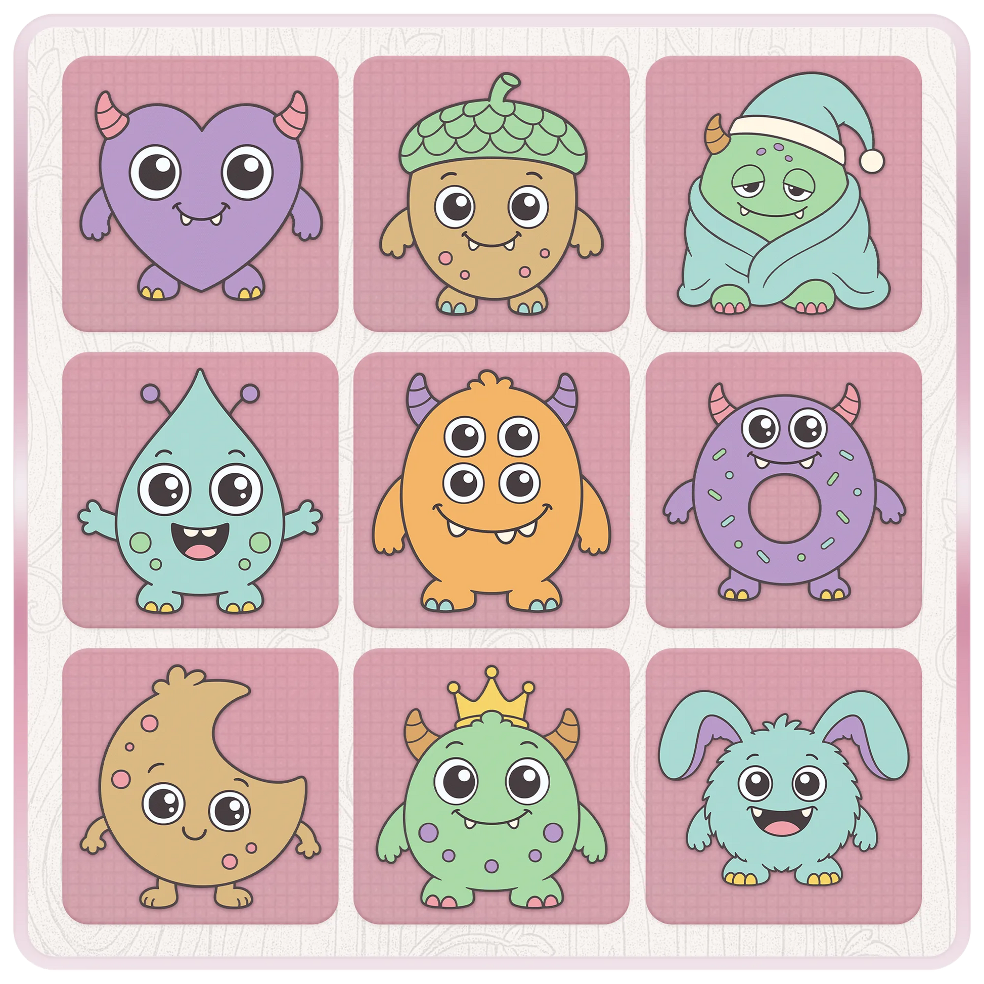 Cute Little Monsters SVG bundle preview featuring seasonal and character monster clipart designs including bunny, acorn, donut, moon and sleepy monster.
