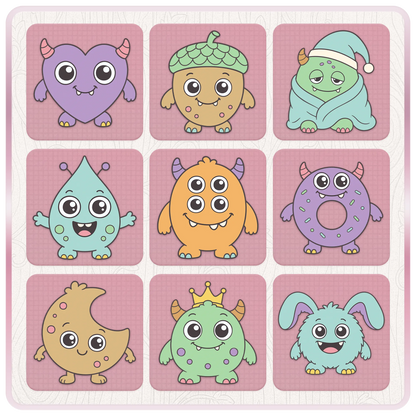 Cute Little Monsters SVG bundle preview featuring seasonal and character monster clipart designs including bunny, acorn, donut, moon and sleepy monster.