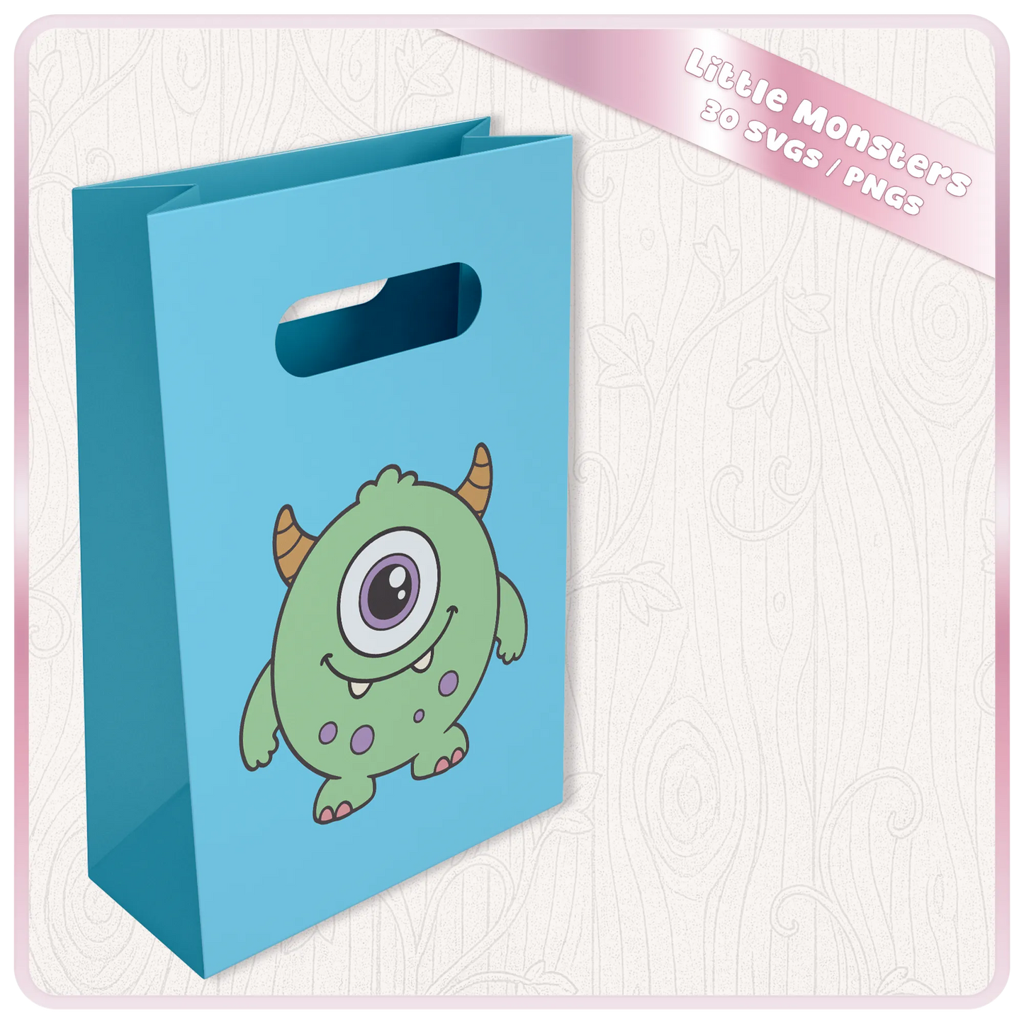 Mockup of blue gift bag decorated with a cute green monster SVG design from the Little Monsters PNG and SVG clipart bundle.