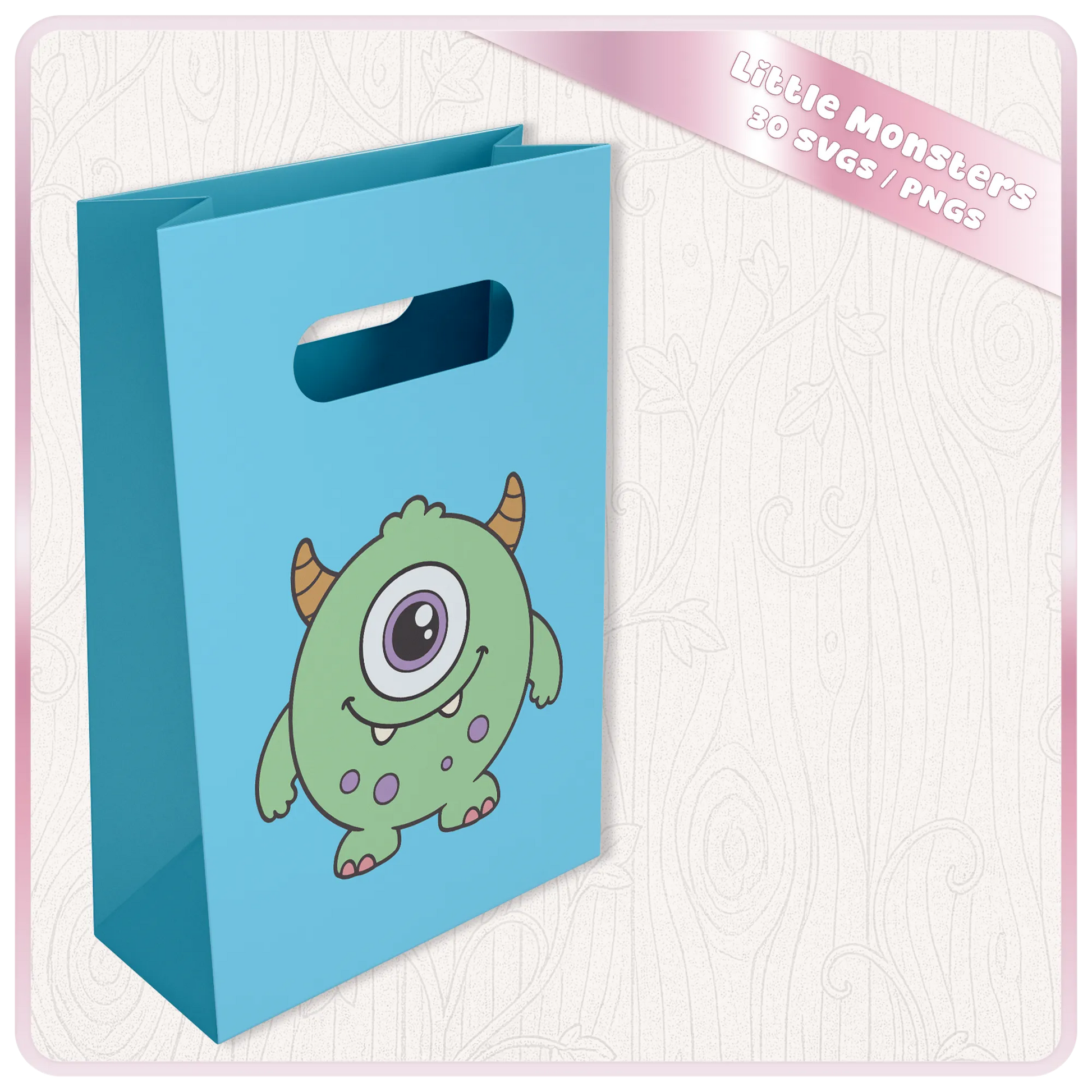 Mockup of blue gift bag decorated with a cute green monster SVG design from the Little Monsters PNG and SVG clipart bundle.