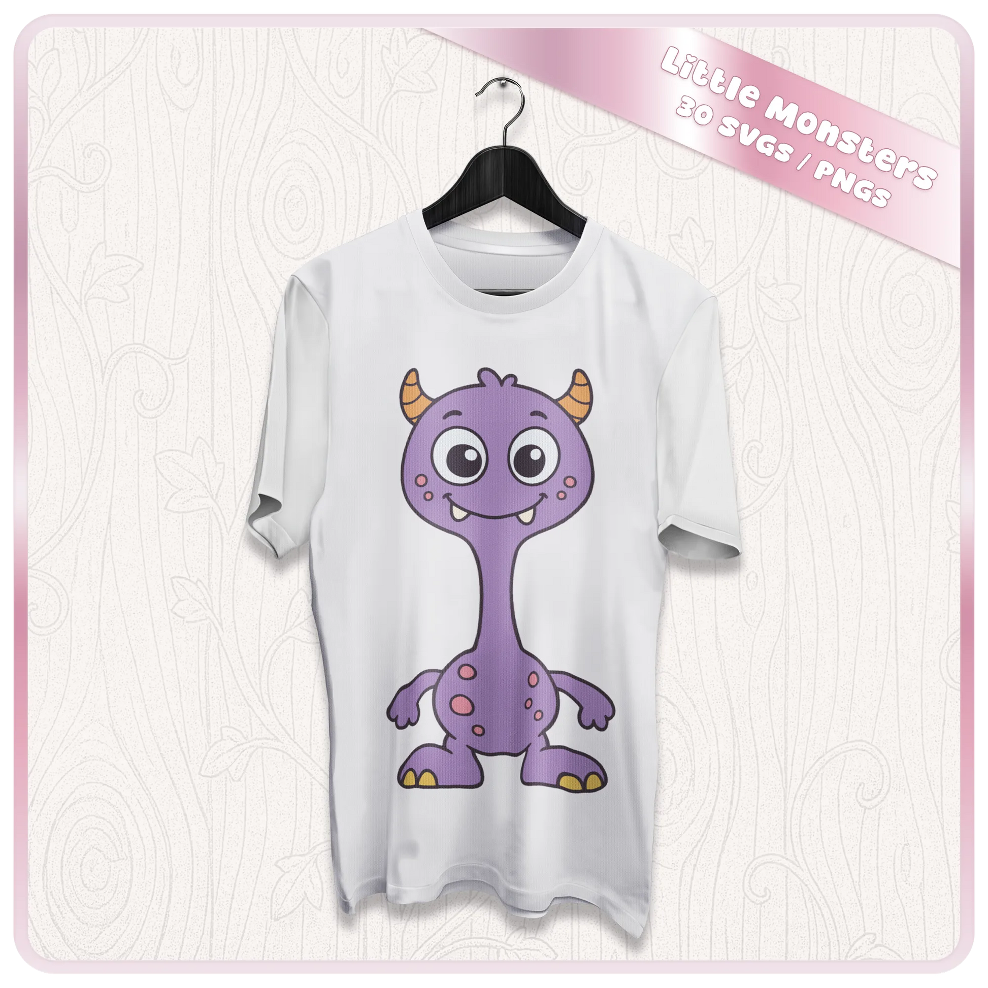 White T-shirt mockup with purple long-neck monster clipart from the Little Monsters SVG and PNG digital download bundle.