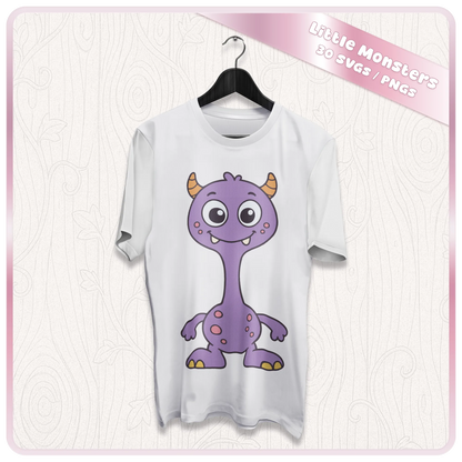 White T-shirt mockup with purple long-neck monster clipart from the Little Monsters SVG and PNG digital download bundle.