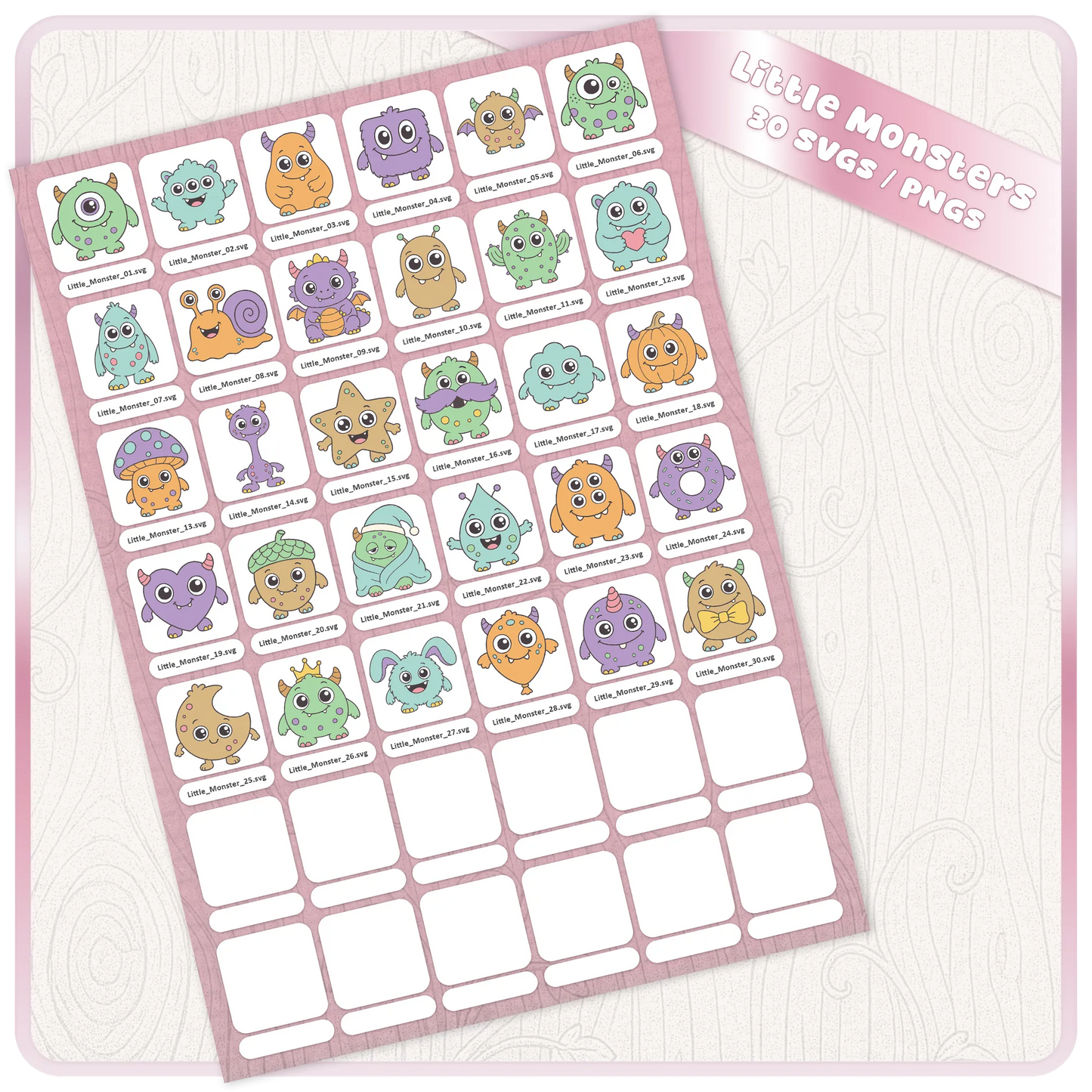 Full Little Monsters SVG bundle preview sheet showing 30 cute monster clipart files with individual filename labels for digital craft projects.