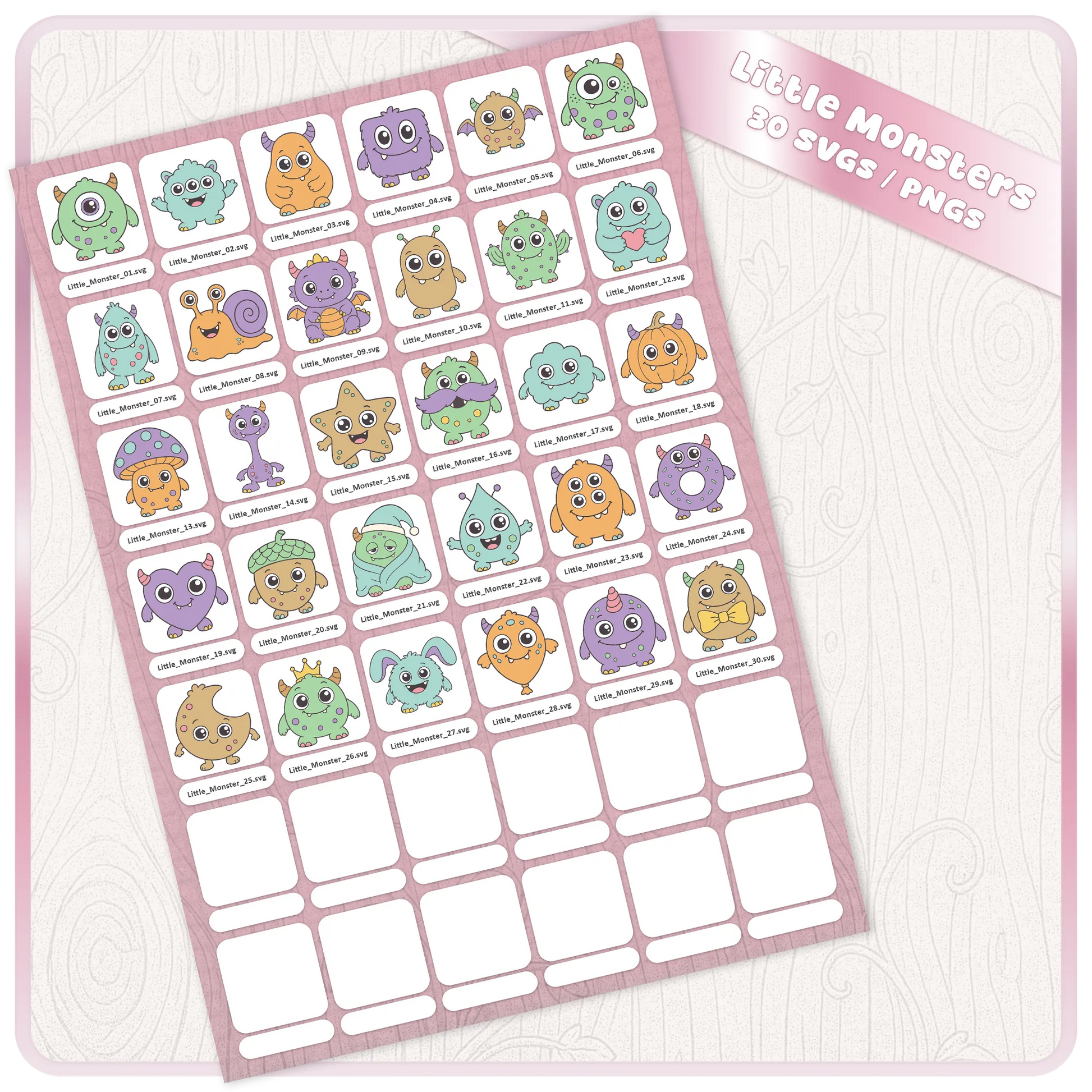Full Little Monsters SVG bundle preview sheet showing 30 cute monster clipart files with individual filename labels for digital craft projects.