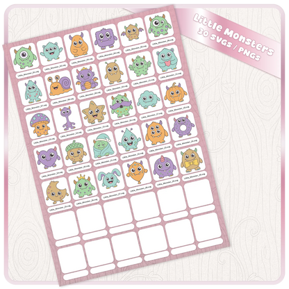 Full Little Monsters SVG bundle preview sheet showing 30 cute monster clipart files with individual filename labels for digital craft projects.