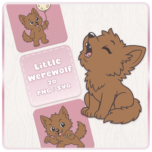 Little Werewolf SVG and PNG clipart bundle preview featuring a cute brown cartoon werewolf howling with pink Halloween product cards.
