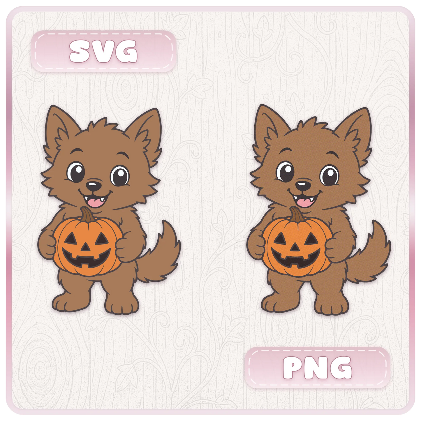 Cute little werewolf Halloween clipart shown as SVG and PNG files, featuring a sweet werewolf holding a jack-o-lantern pumpkin.