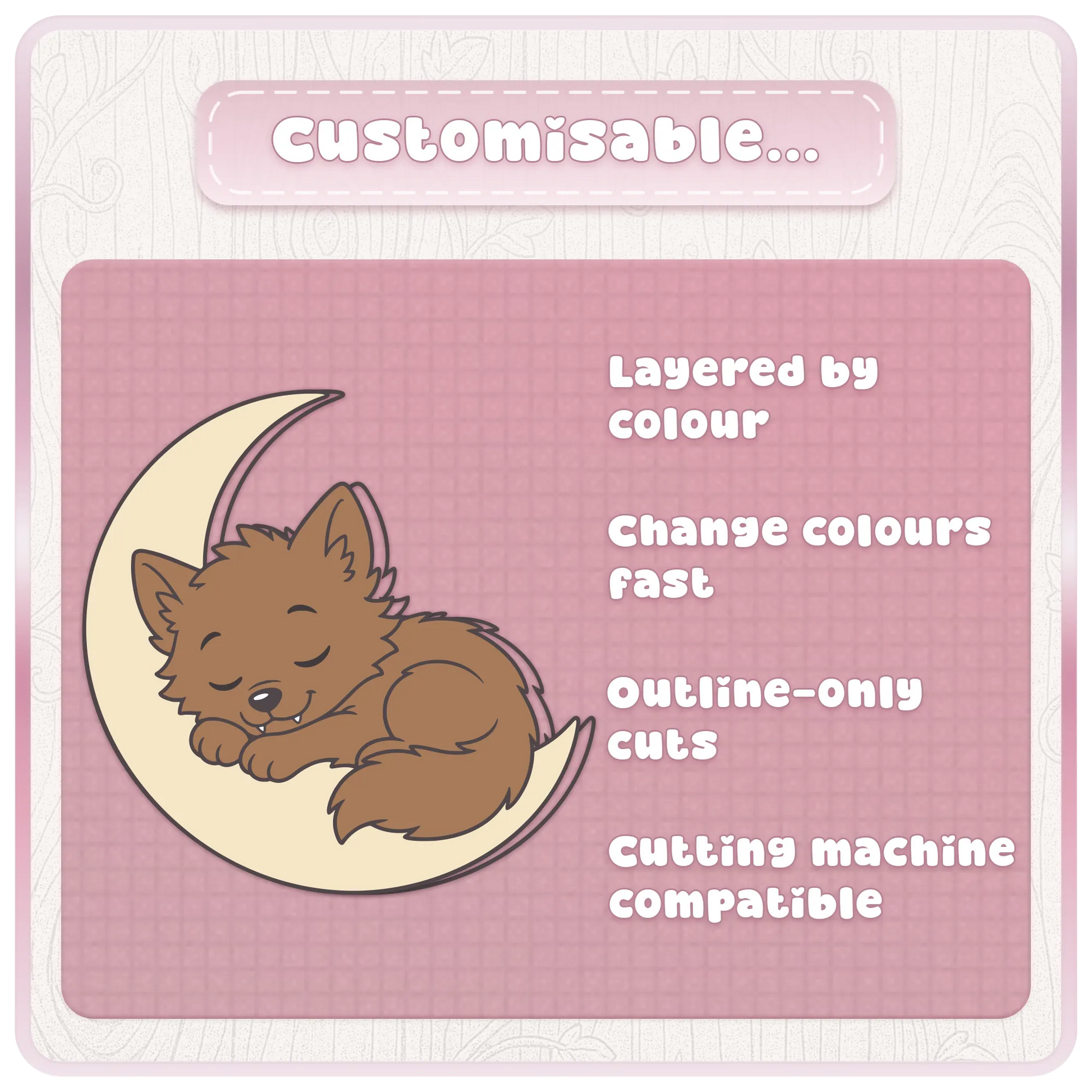 Customisable little werewolf SVG design preview with sleeping werewolf on a crescent moon, layered by colour for Cricut and cutting machines.