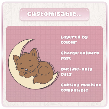 Customisable little werewolf SVG design preview with sleeping werewolf on a crescent moon, layered by colour for Cricut and cutting machines.