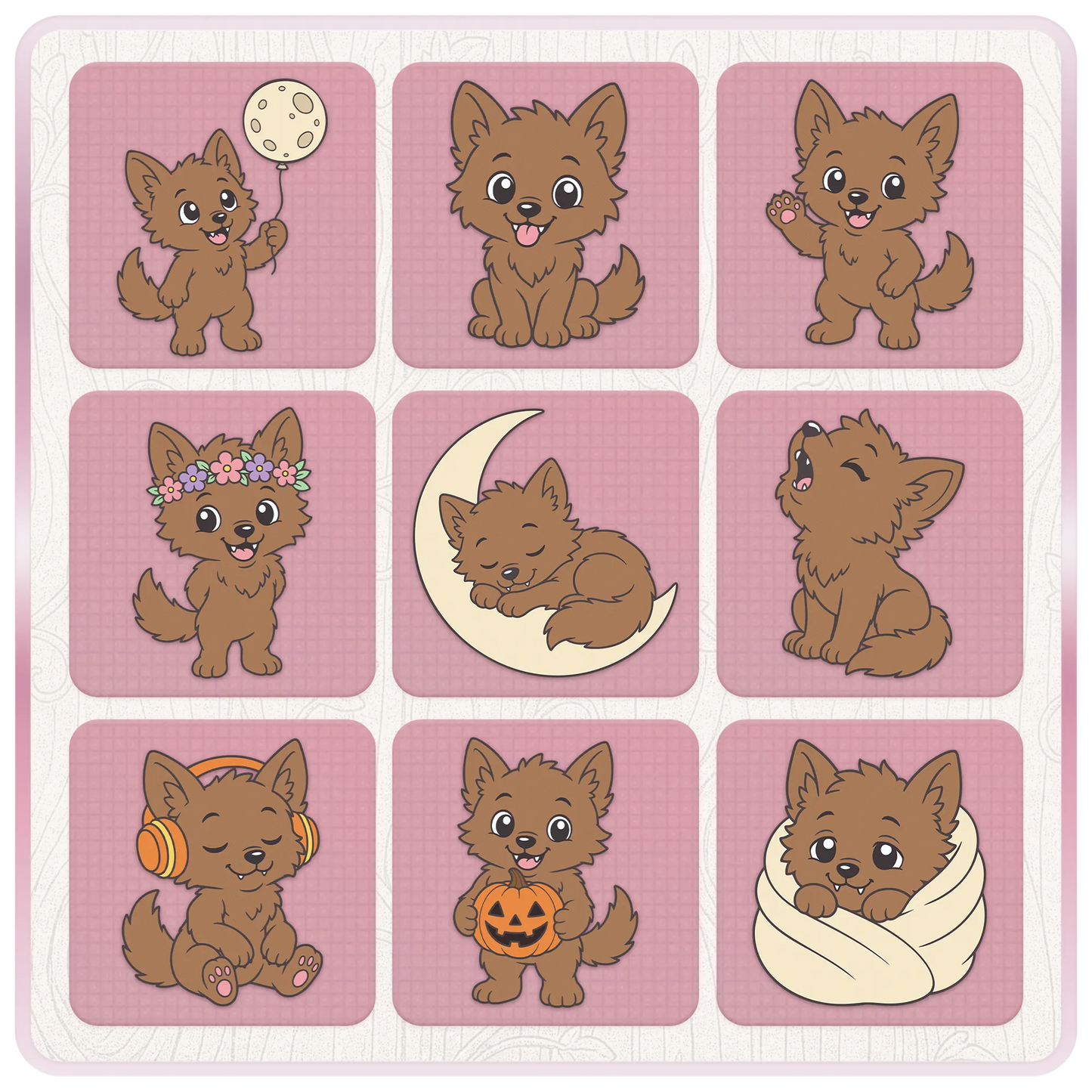 Little Werewolf clipart bundle preview with nine cute Halloween werewolf designs including balloon, flower crown, moon, pumpkin, headphones, and blanket poses.