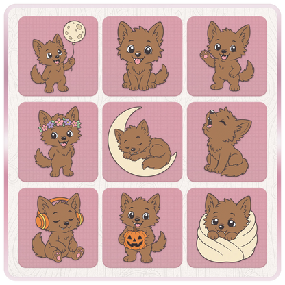 Little Werewolf clipart bundle preview with nine cute Halloween werewolf designs including balloon, flower crown, moon, pumpkin, headphones, and blanket poses.
