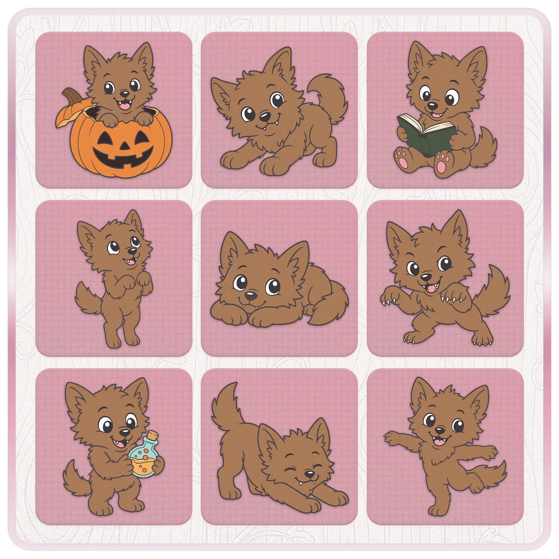 Cute werewolf SVG and PNG clipart preview sheet showing Halloween and playful poses with pumpkin, book, potion bottle, crouching, dancing, and monster paws.