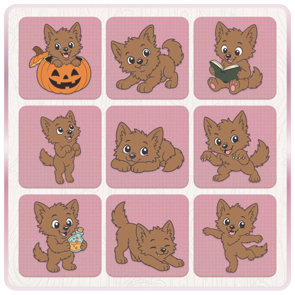 Cute werewolf SVG and PNG clipart preview sheet showing Halloween and playful poses with pumpkin, book, potion bottle, crouching, dancing, and monster paws.