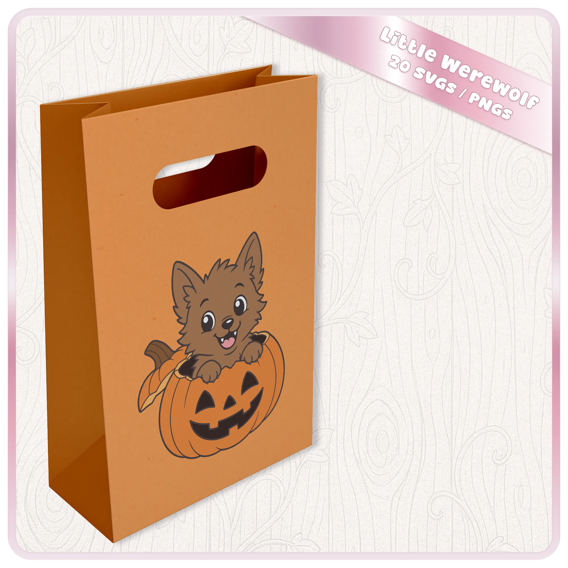 Little Werewolf SVG and PNG mockup on an orange Halloween gift bag featuring a cute werewolf popping out of a jack-o-lantern pumpkin.