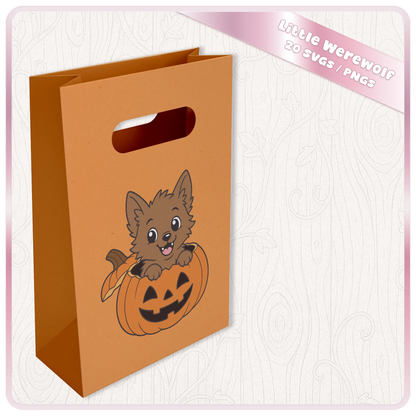 Little Werewolf SVG and PNG mockup on an orange Halloween gift bag featuring a cute werewolf popping out of a jack-o-lantern pumpkin.