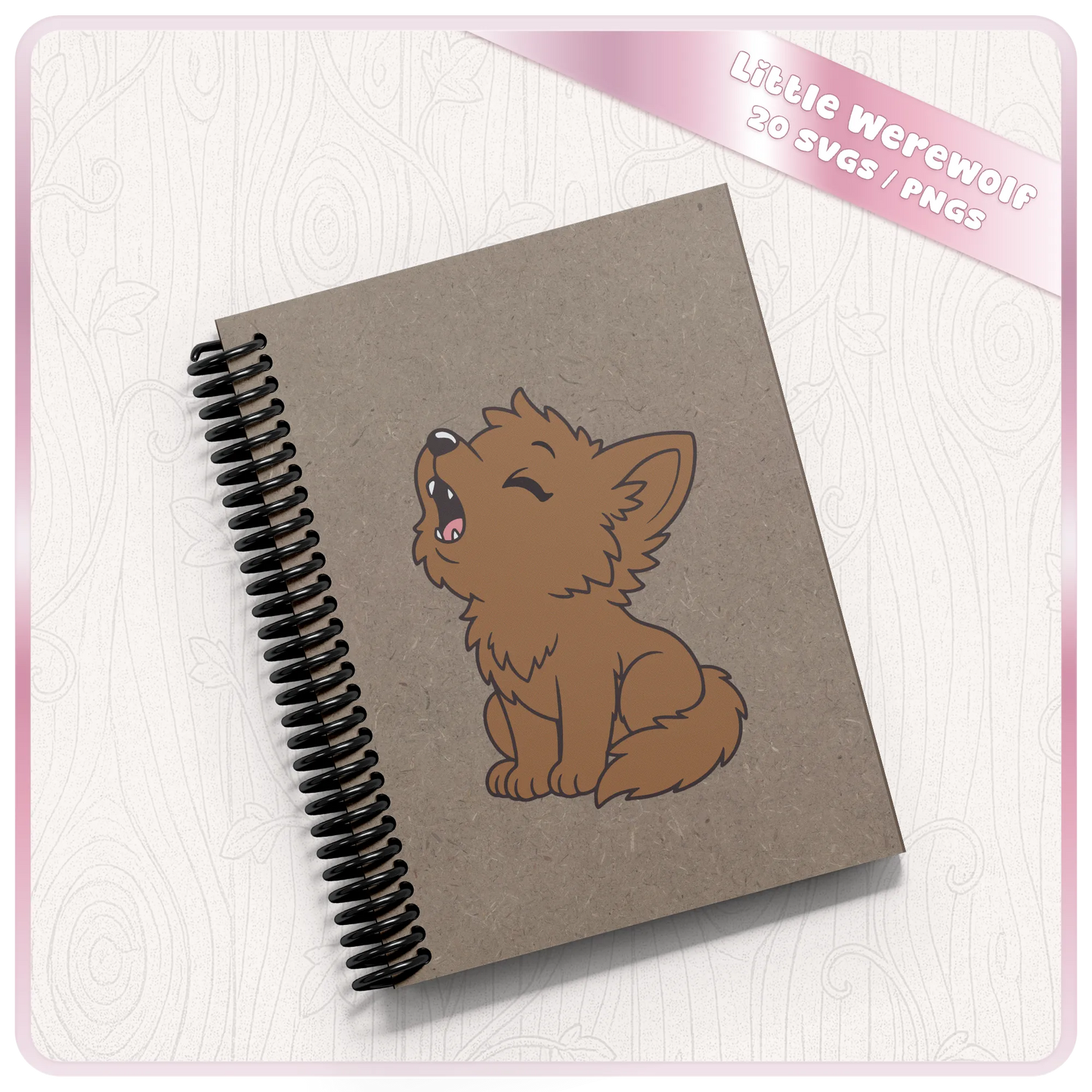 Little Werewolf SVG and PNG mockup on a kraft spiral notebook featuring a cute brown werewolf howling, perfect for Halloween stationery crafts.