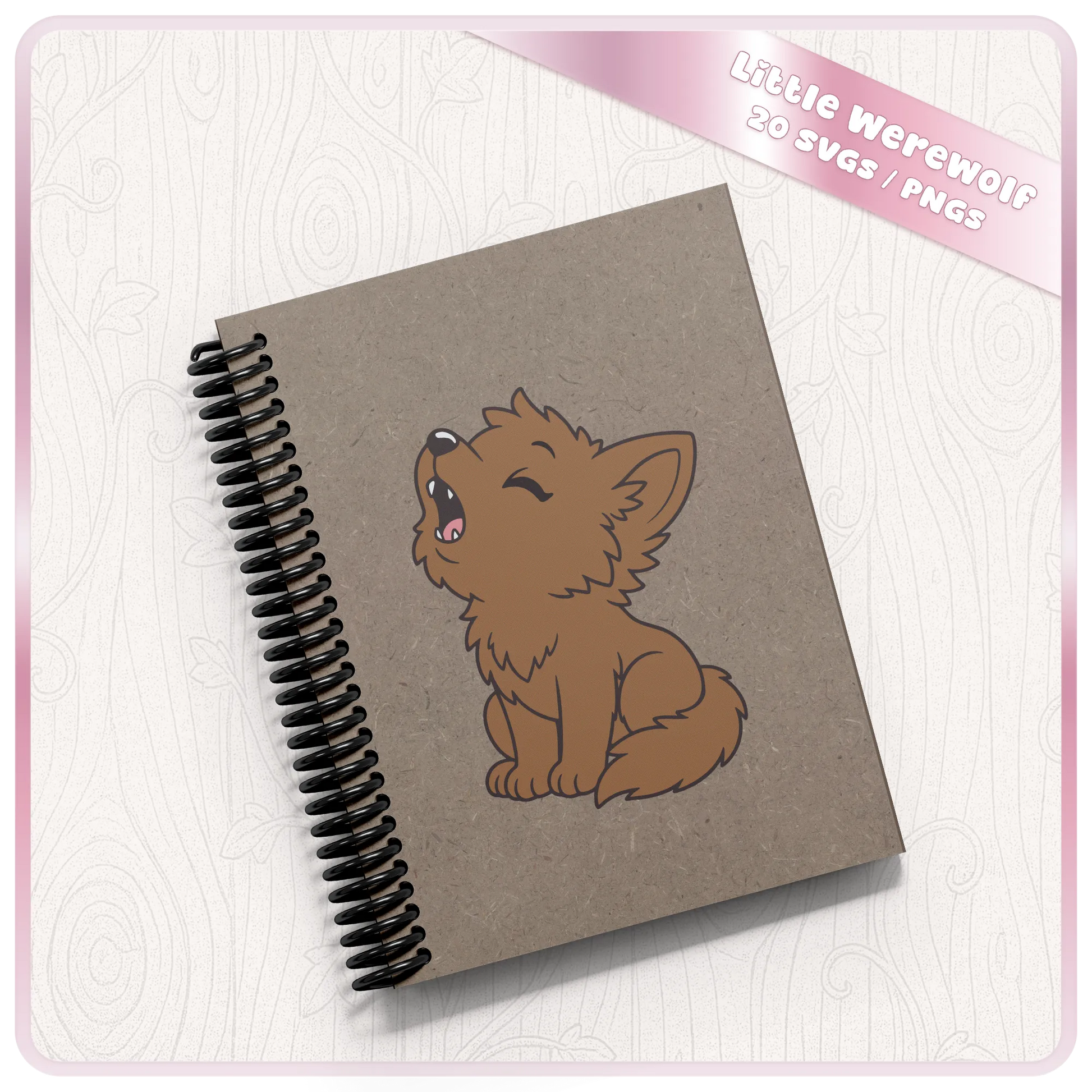 Little Werewolf SVG and PNG mockup on a kraft spiral notebook featuring a cute brown werewolf howling, perfect for Halloween stationery crafts.