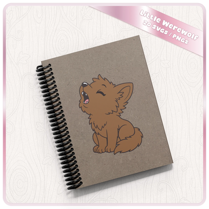 Little Werewolf SVG and PNG mockup on a kraft spiral notebook featuring a cute brown werewolf howling, perfect for Halloween stationery crafts.