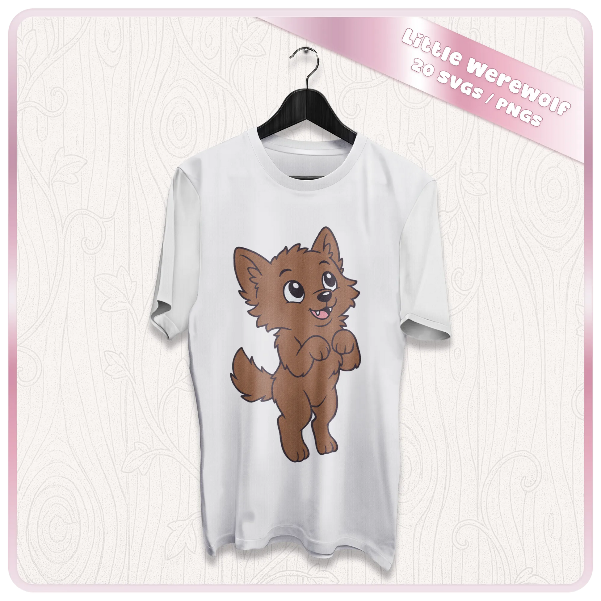 Little Werewolf SVG and PNG mockup on a white t-shirt featuring a cute standing werewolf design for Halloween shirt and Cricut projects.