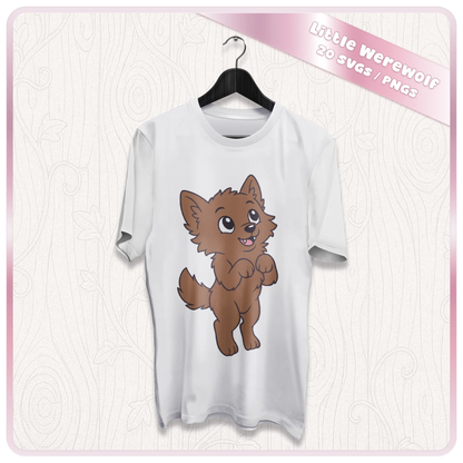 Little Werewolf SVG and PNG mockup on a white t-shirt featuring a cute standing werewolf design for Halloween shirt and Cricut projects.