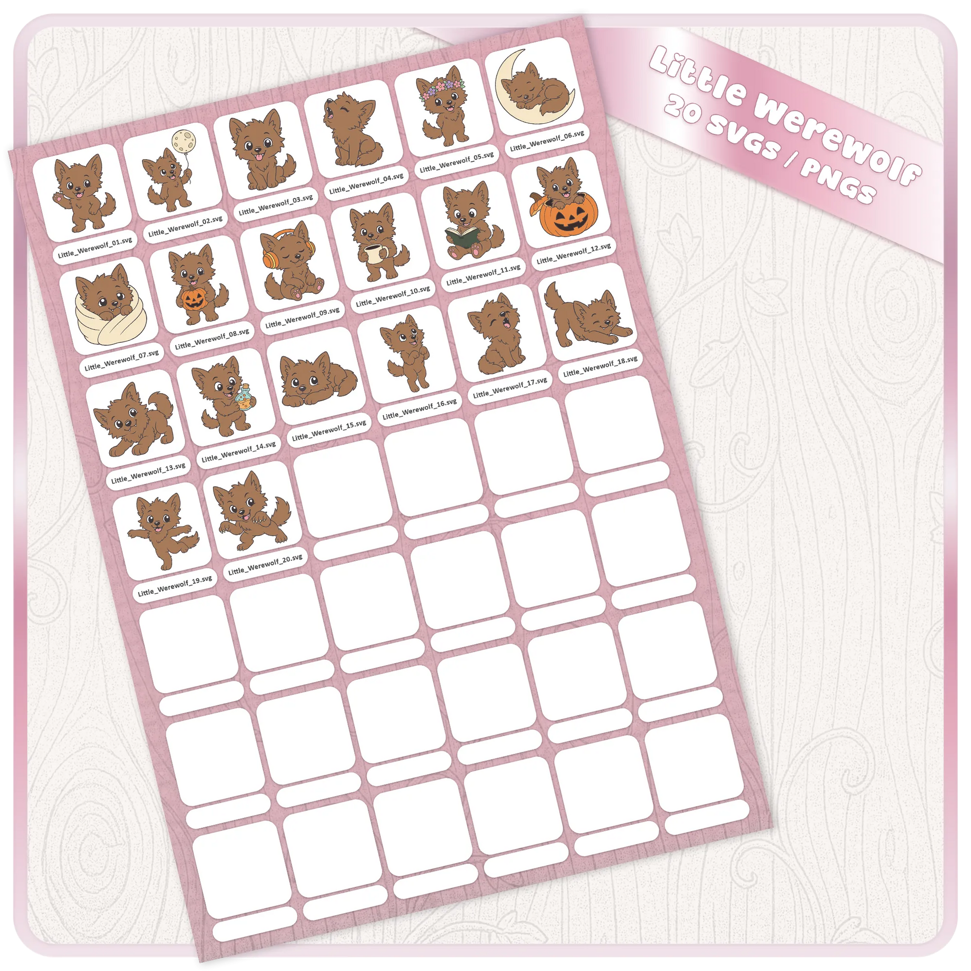 Little Werewolf SVG and PNG digital download preview sheet showing 20 cute werewolf clipart files for Cricut, stickers, sublimation, and Halloween crafts.