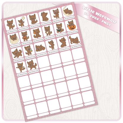 Little Werewolf SVG and PNG digital download preview sheet showing 20 cute werewolf clipart files for Cricut, stickers, sublimation, and Halloween crafts.