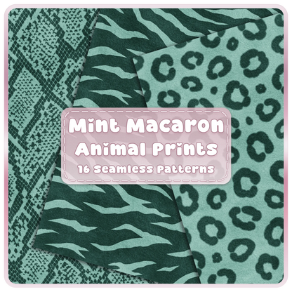 Mint Macaron animal print seamless patterns with green leopard zebra and snakeskin digital papers