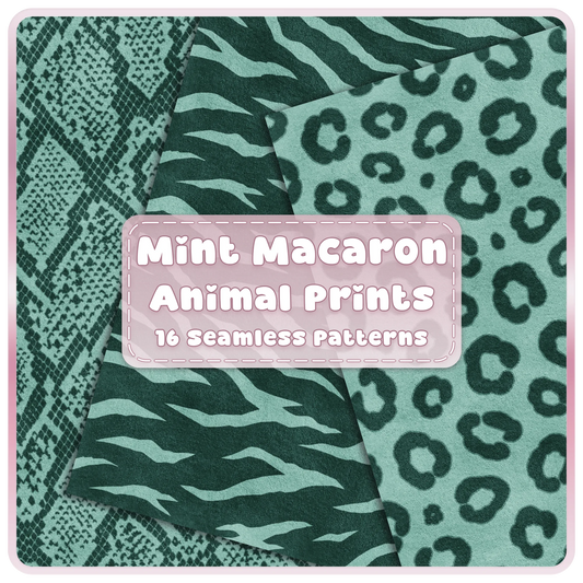 Mint Macaron animal print seamless patterns with green leopard zebra and snakeskin digital papers