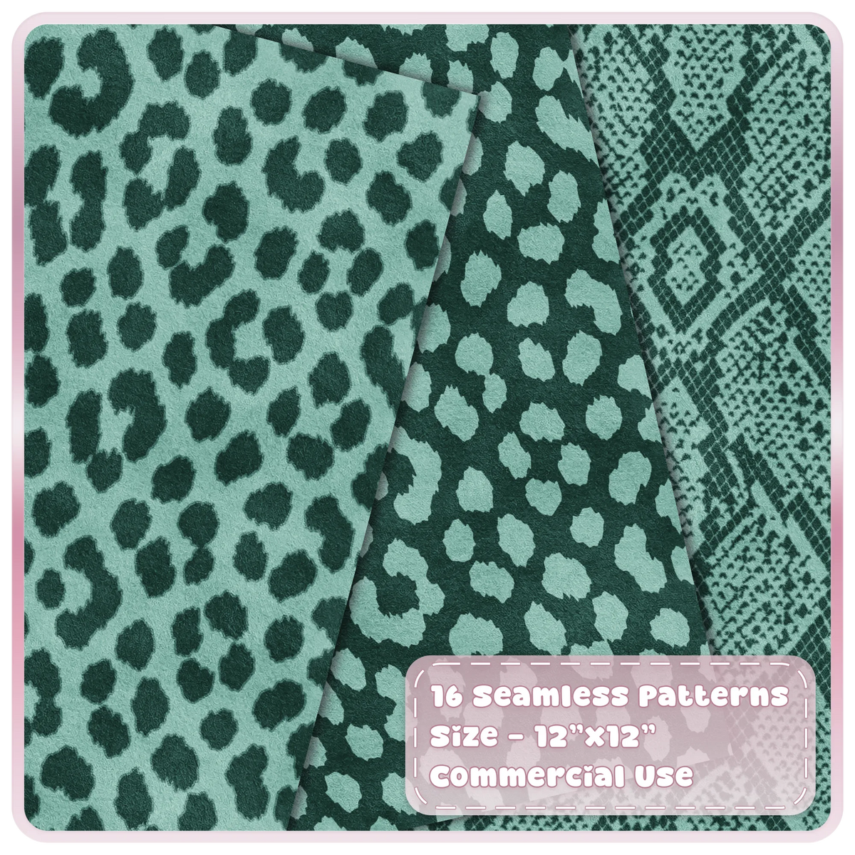 Mint green leopard print and snakeskin seamless digital papers in seafoam and deep forest tones