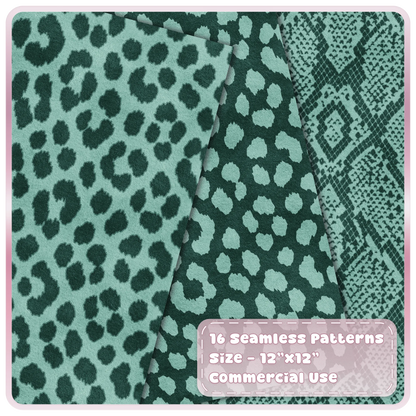 Mint green leopard print and snakeskin seamless digital papers in seafoam and deep forest tones