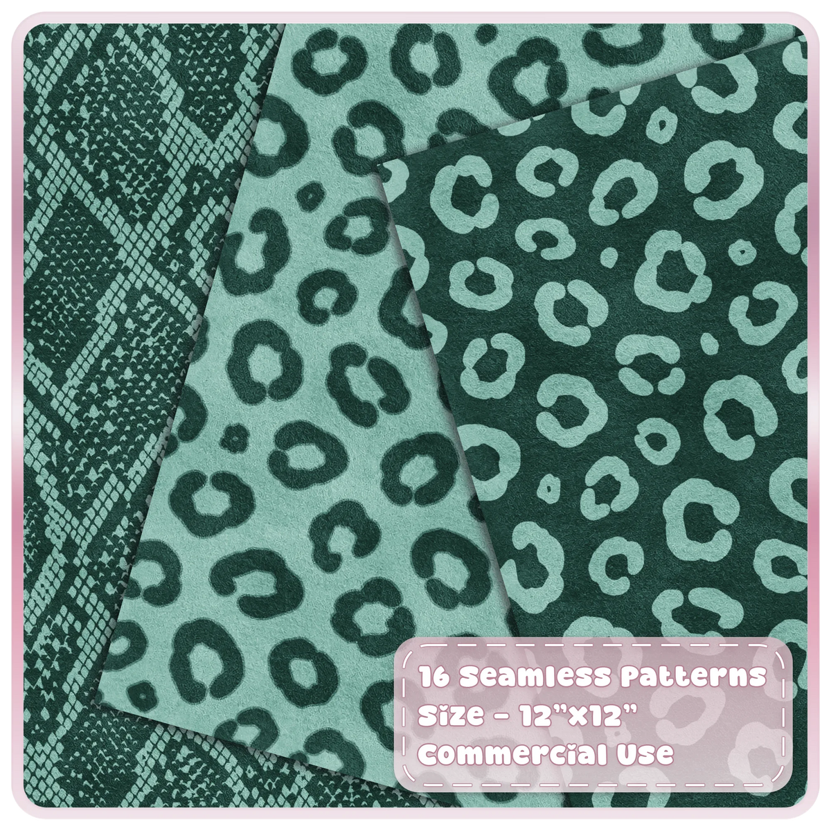 Mint Macaron leopard print and python snakeskin seamless patterns in soft green and dark forest