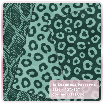 Mint Macaron leopard print and python snakeskin seamless patterns in soft green and dark forest
