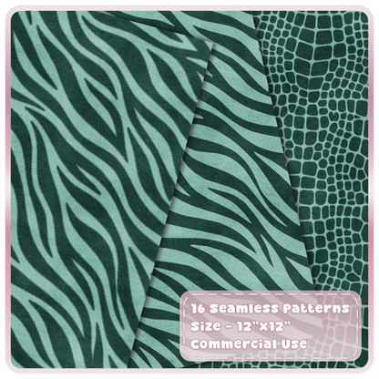 Mint green zebra stripe and crocodile skin seamless animal print digital papers