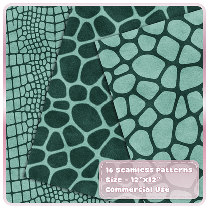 Mint Macaron crocodile and giraffe print seamless digital papers in seafoam and deep green