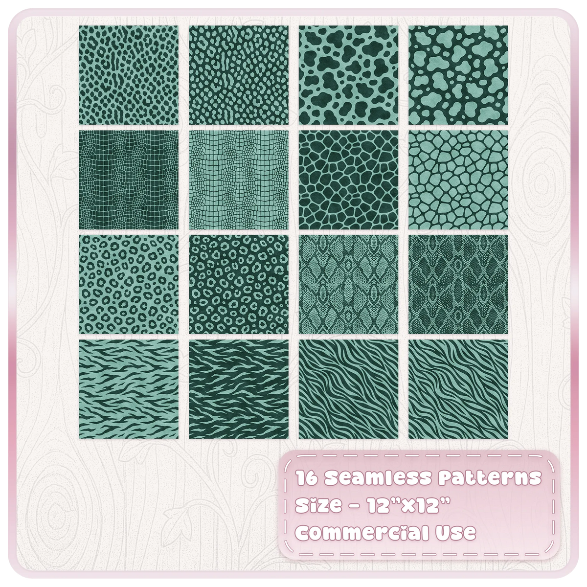 Set of 16 Mint Macaron animal print patterns with leopard zebra snake giraffe and crocodile designs